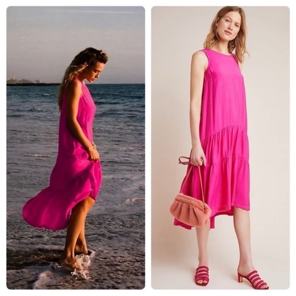 Anthropologie Maeve Marlene Tiered Midi Pink High low with pockets sleeveless - Picture 2 of 4